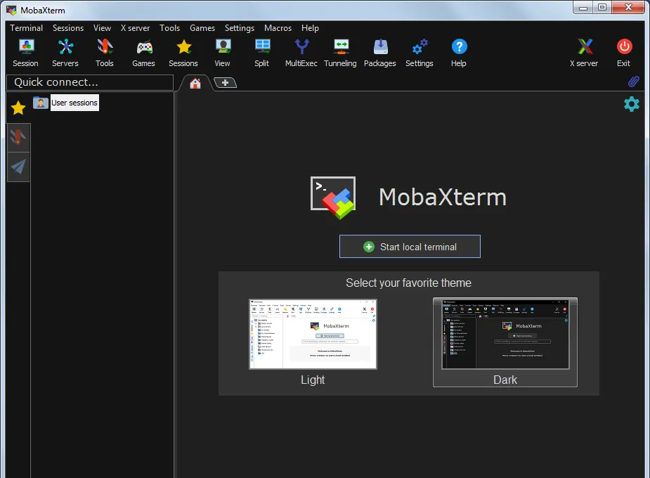 MobaXterm welcome screen with its session sidebar and remote-access toolbar