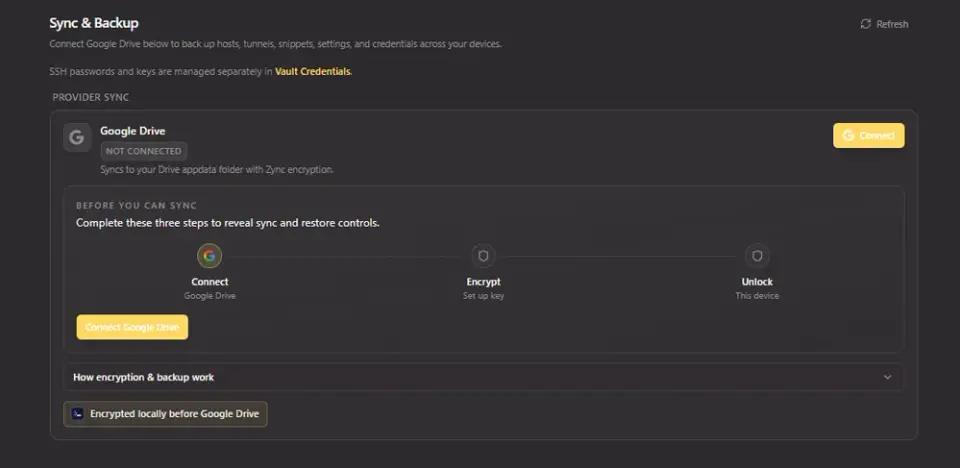 Sync and Backup with Google Drive connect, encrypt, and unlock steps.