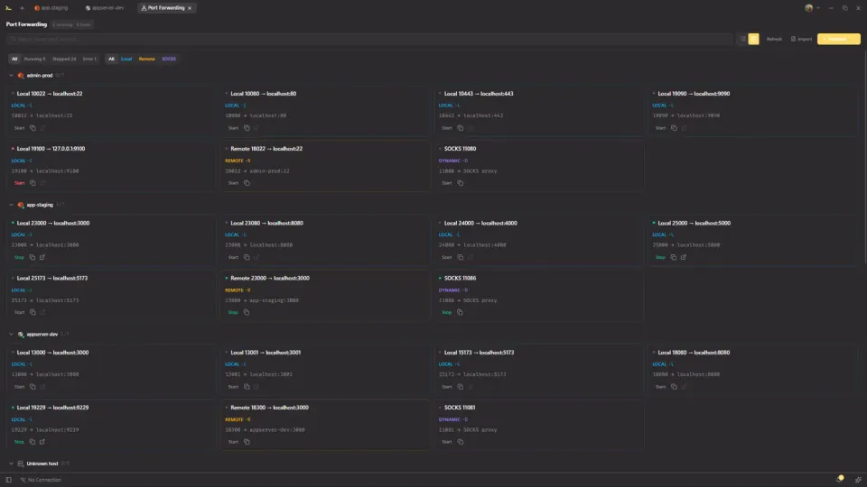 Port forwarding board grouped by host, with local, remote, and SOCKS tunnels.