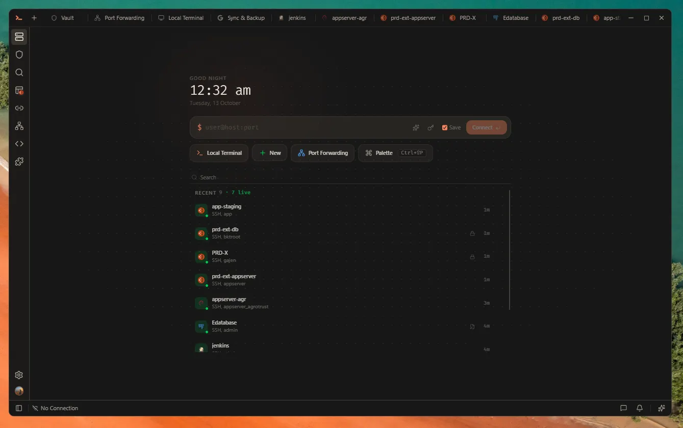 Zync home workspace with quick SSH connection, recent servers, and open connection tabs